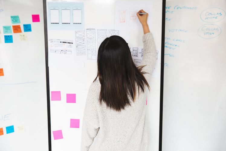 mujer dibujando mockups en una pizarra- prototipo de app