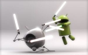 apple und android figuren kaempfen mit lichtschwertern