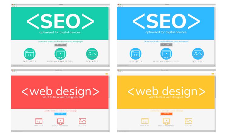 Vier Beispiele fuer SEO Webdesign rot blau gelb gruen