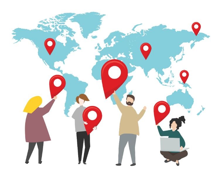 Abbildung einer Weltkarte mit diversen Leuten und Standorten dargestellt