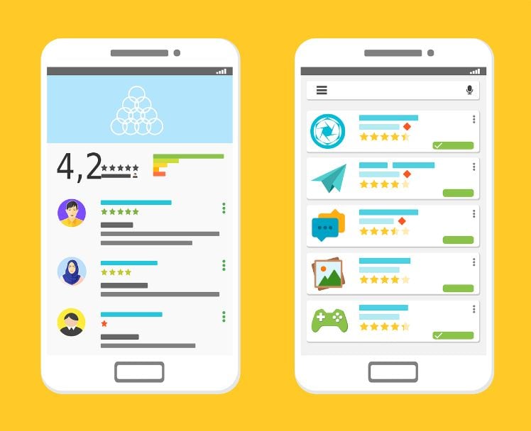 Darstellung von zwei Smartphones mit Bewertungen von Apps in App Stores