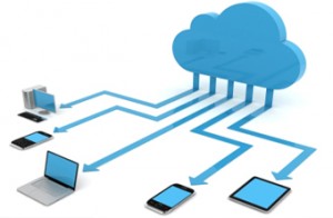 drawing of electronic devices connected to cloud