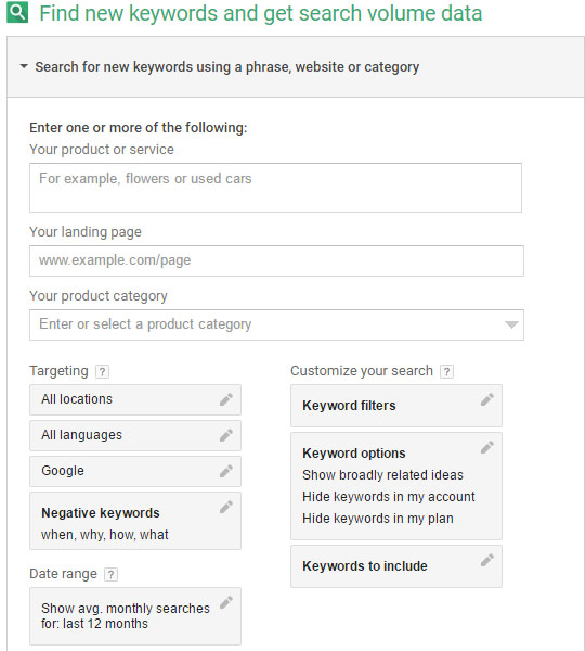 screenshot of Google Adword's keywoord tool