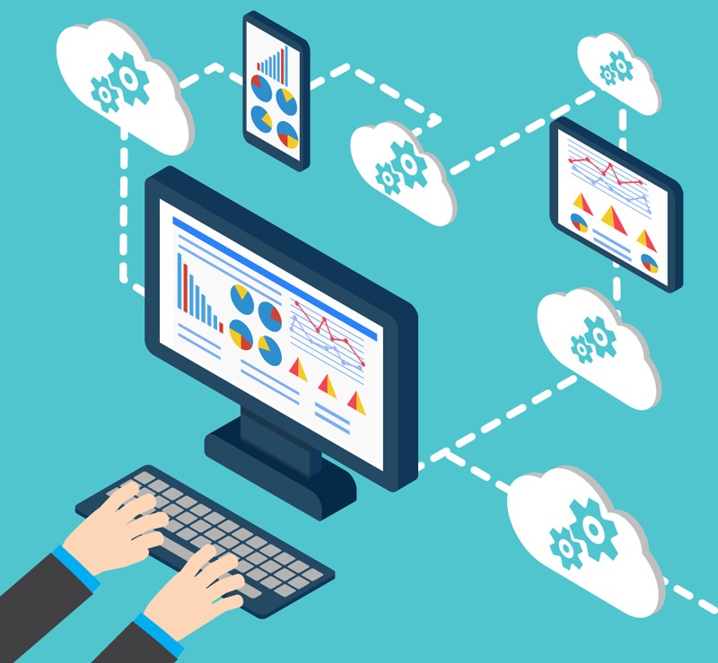 visualisation of man working on computer with clouds