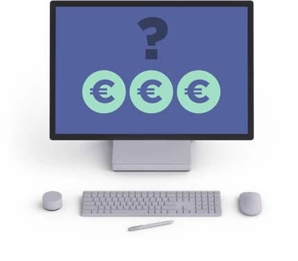 laptop screen icon with 3 euro signs and interrogation point