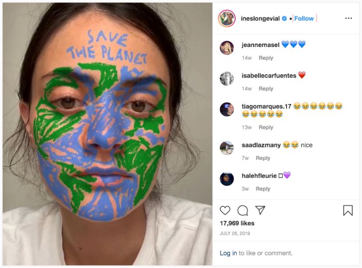 screenshot of woman with save the planet ar mask on instagram