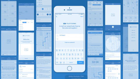 blue animation of wireframes of an app
