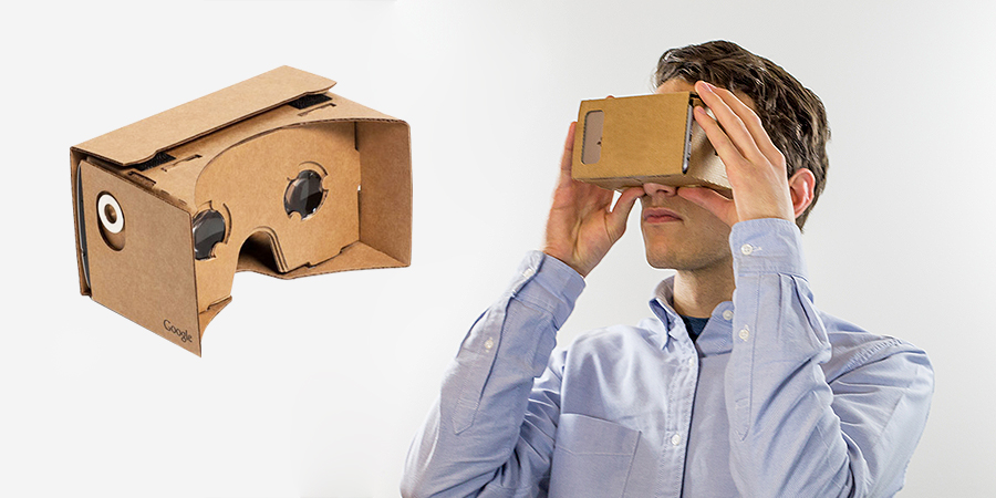 jeune homme essaye un casque de realite virtuelle texture carton