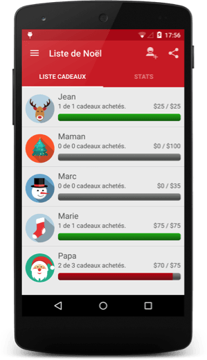 smartphone interface liste cadeaux
