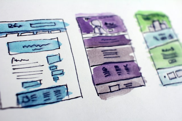 maquette interface utilisateur dessin bleu, violet et vert