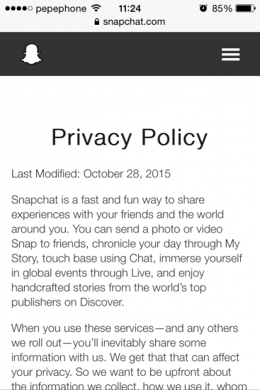 Captura de tela da política de privacidade do Snapchat